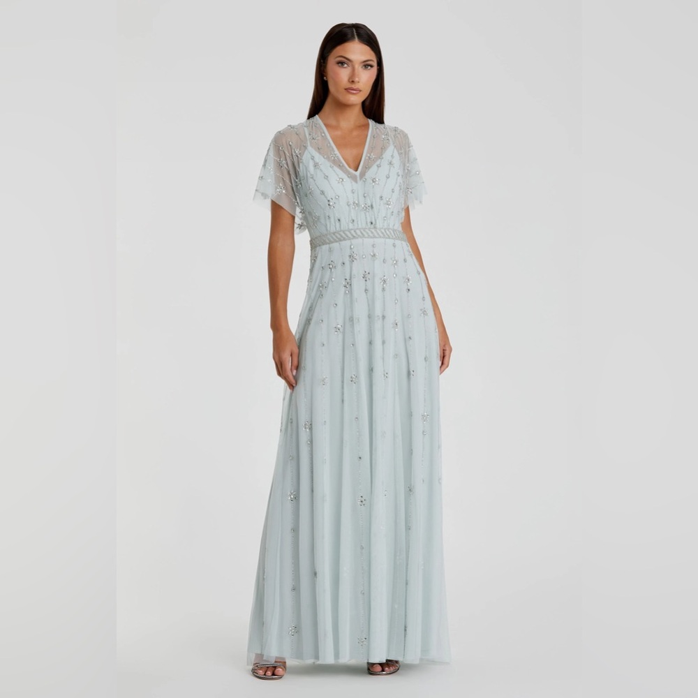 Mac Duggal Pale Blue Embellished Tulle Maxi Dress